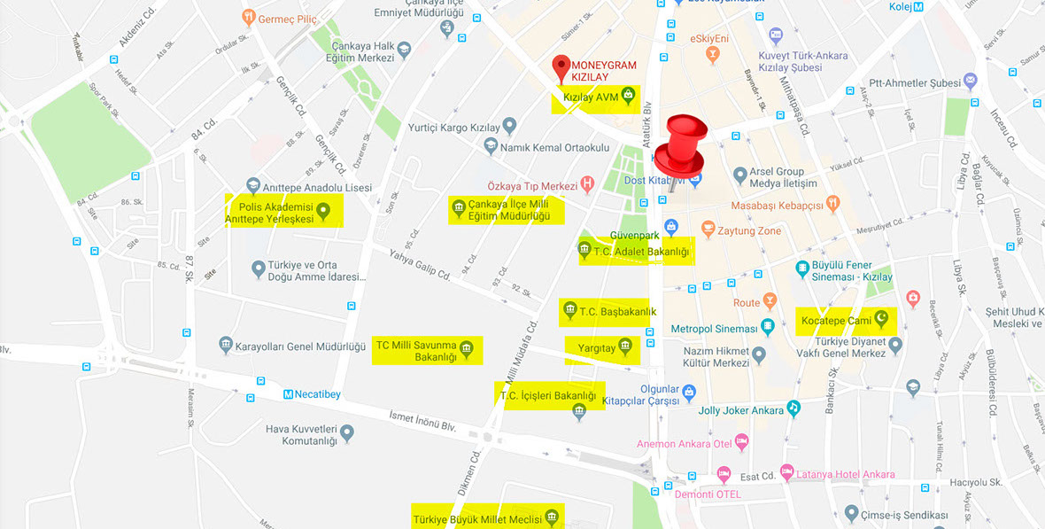 ankara kızılay haritası, başbakanlık, kocatepe camii, yargıtay, tbmm, kızılay avm